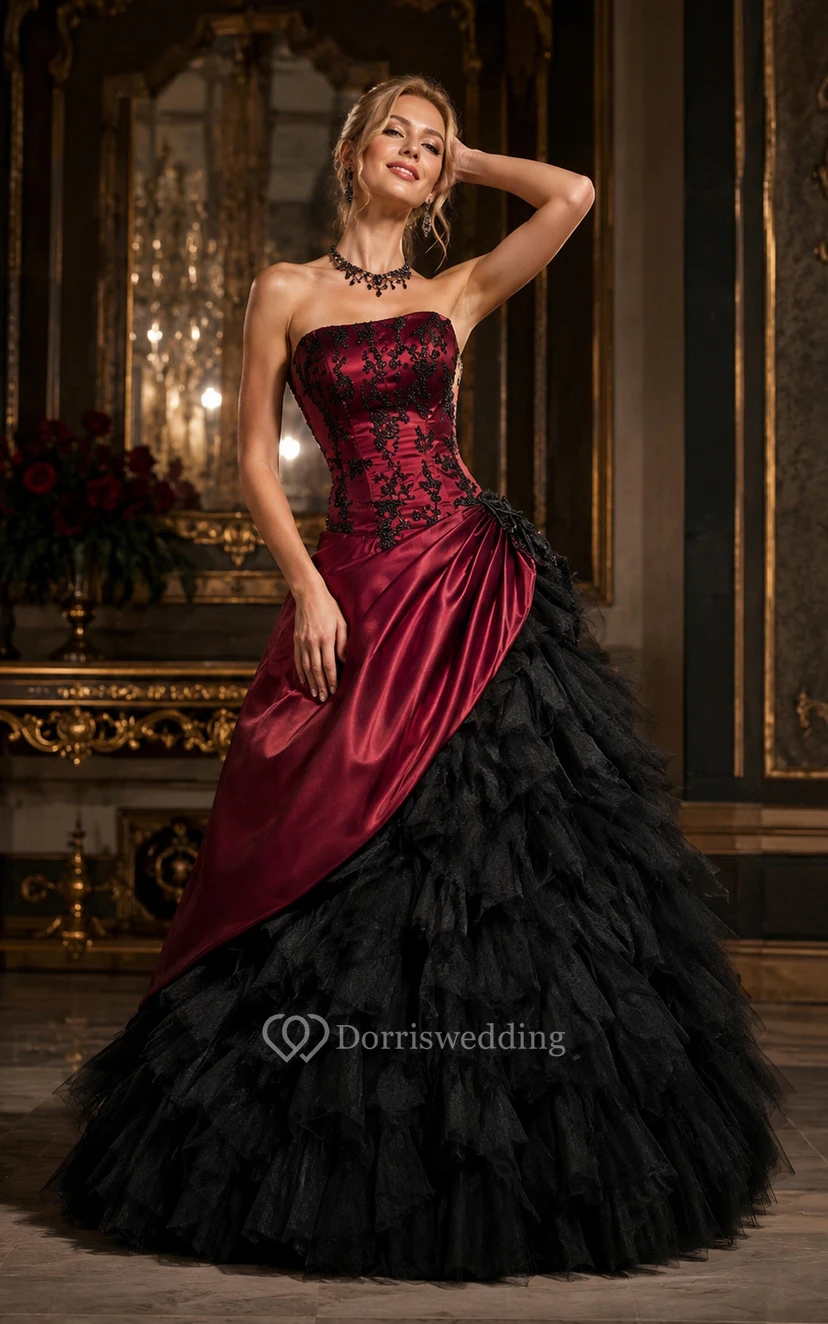 Ballkleid, Teelänge, schulterfrei, mit asymmetrischem Träger, Applikationen, Schnürung am Rücken, Chiffon, Tüll, Spitze, Pailletten, Satin