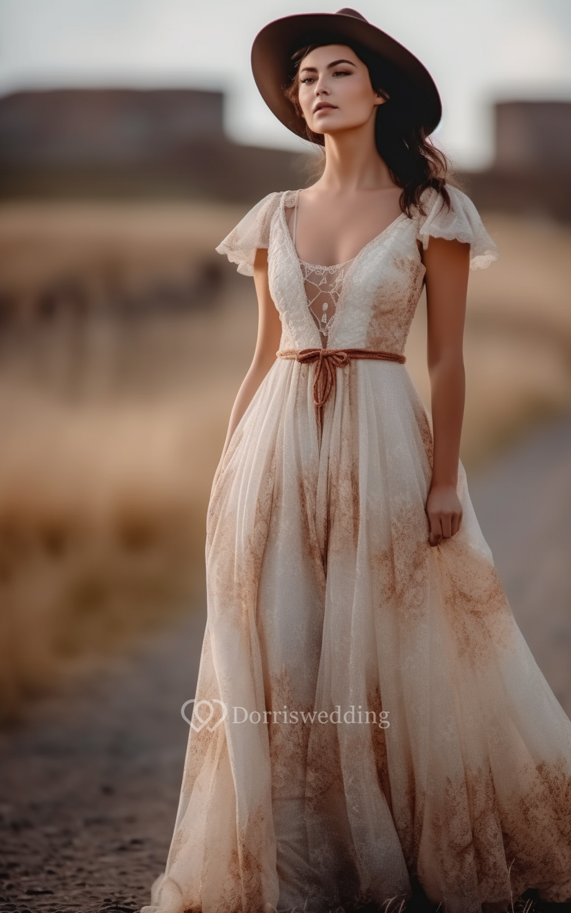 Country Western Ombre Wedding Dress | Fall Champagne Formal Evening Attire  - Dorris Wedding