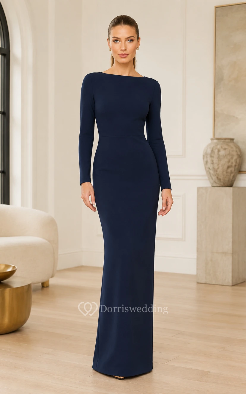 Dark Navy Long Sleeve Bateau Neck Sheath Formal Gown with Minimalist Floor Length Skirt