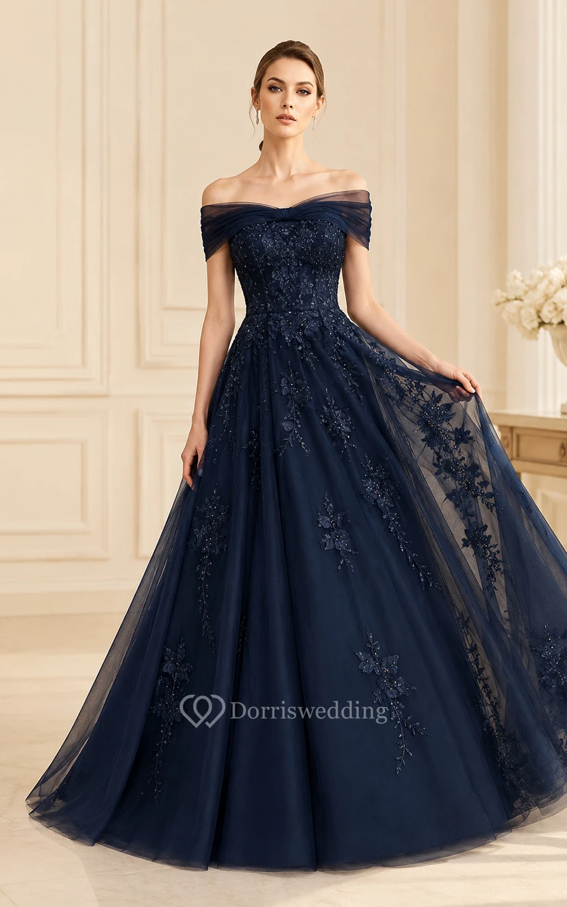 Dunkelblaues schulterfreies Ballkleid aus Spitze und Tüll