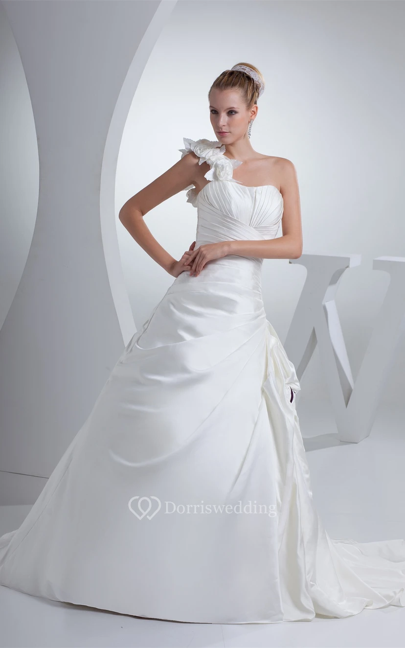 Flowered One Shoulder Ruched Satin Dress With Side Draping and Ruffles | Dorris Wedding Flowered One Shoulder Ruched Satin Dress With Side Draping and Ruffles | Dorris Wedding