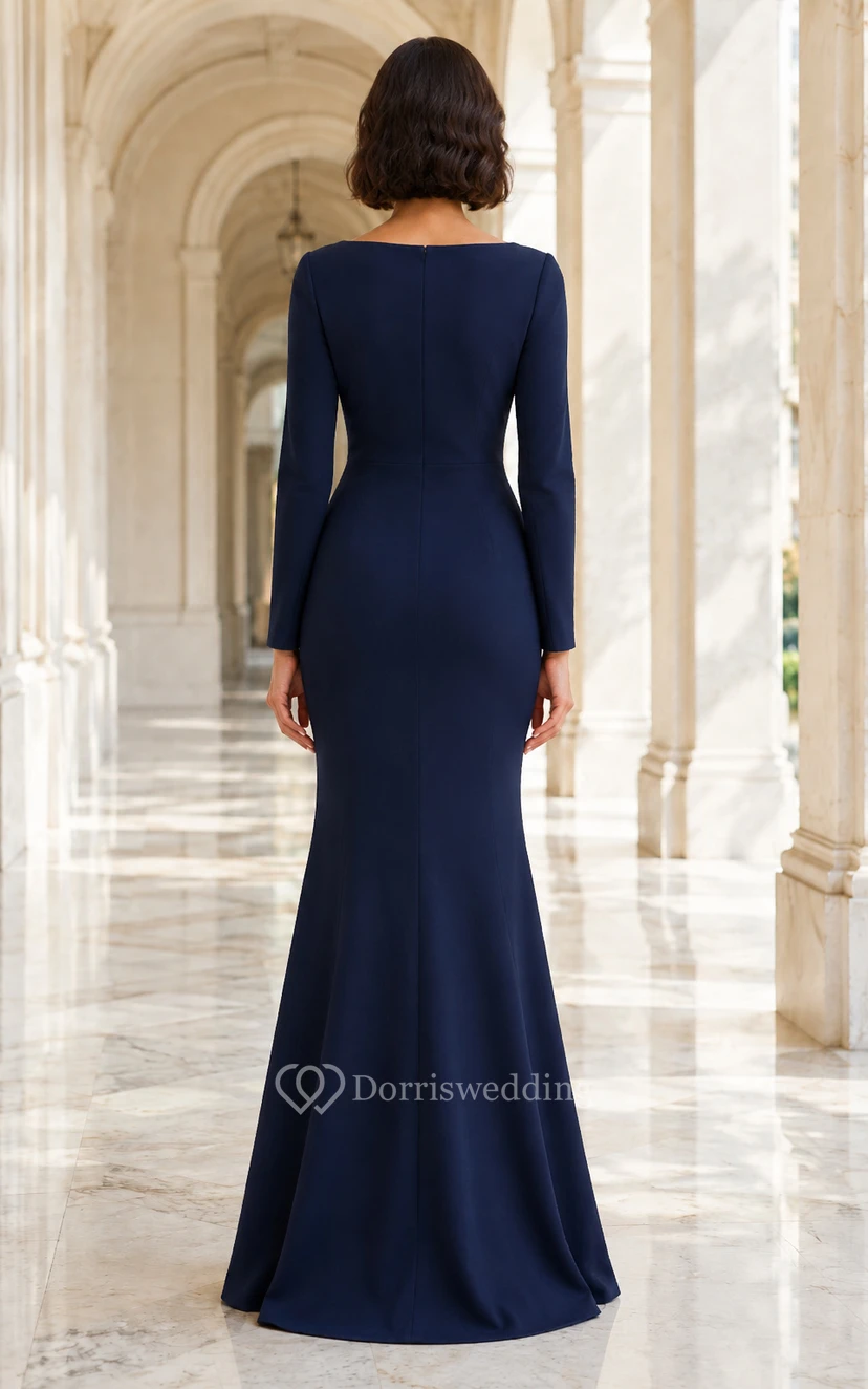 Modest Dark Navy Long Sleeve Mermaid Evening Dress with Notched Bateau Neck and Floor Length view 2