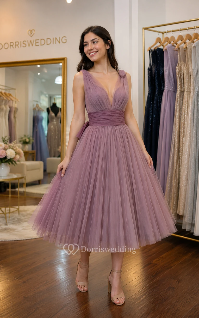Ärmelloses Empire-Chiffonkleid mit V-Ausschnitt, geraffter Taille und Falten view 8
