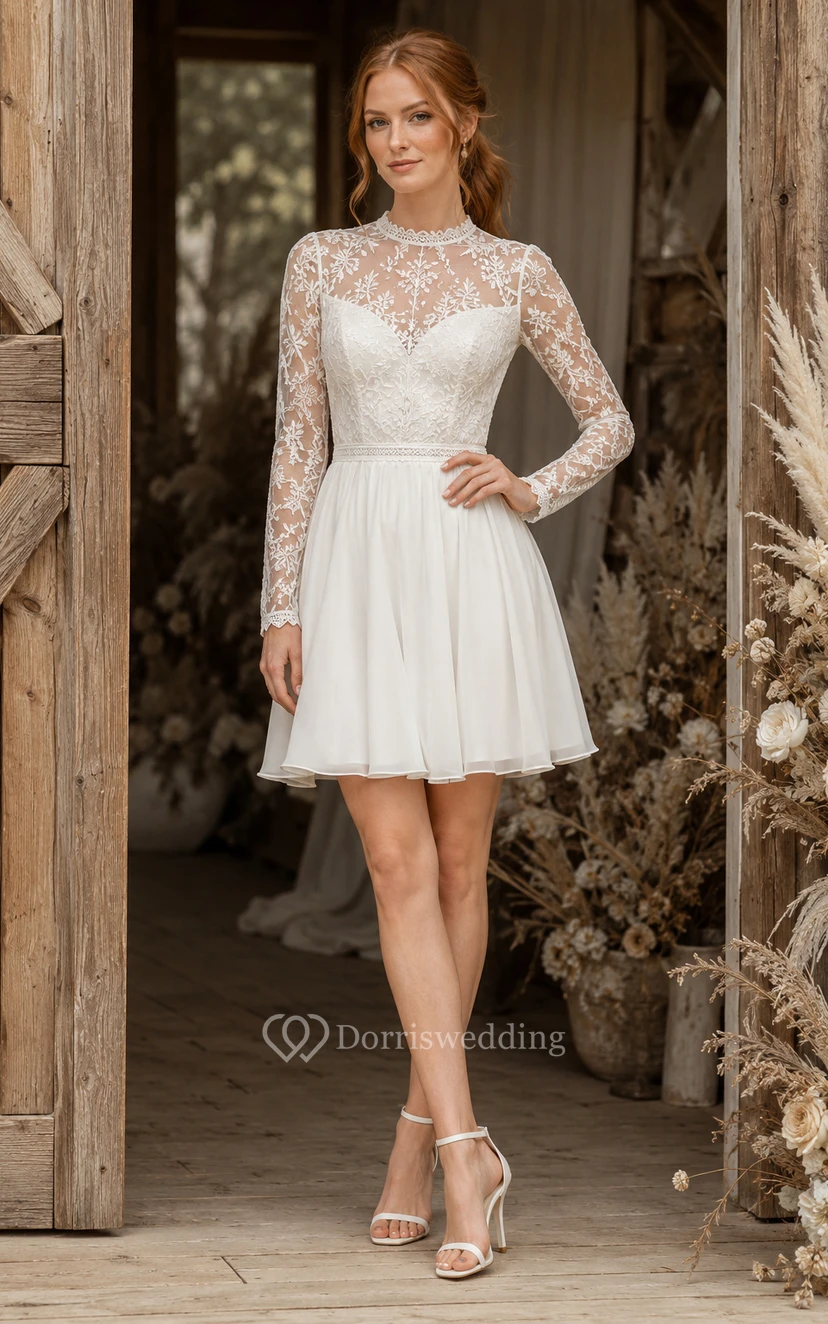 Bateau Neck Short Wedding Dress with Long Lace Sleeves and Satin Skirt