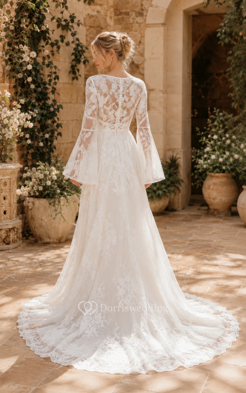 Boho Bell Loneg-sleeve Country Wedding Dress | Vintage Lace Hippie Bridal Gown with Sleeeves view 2