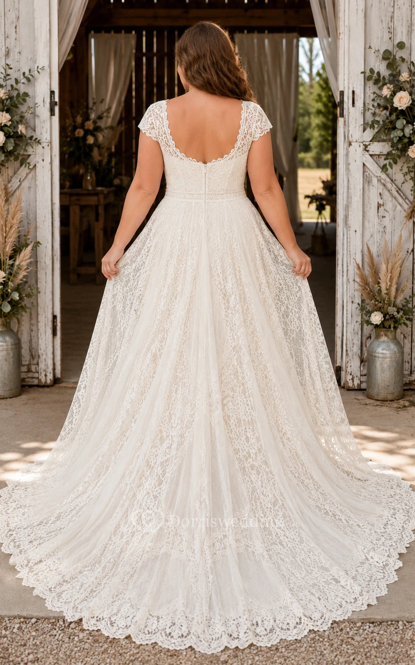 Robe de mariée grande taille à manches courtes en dentelle, coupe trapèze, avec jupe entièrement appliquée view 2