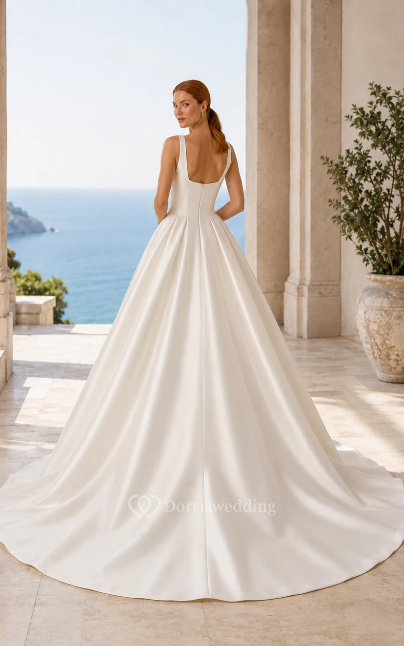 Square Neck Satin Ball Gown Wedding Dress with Court Train view 2
