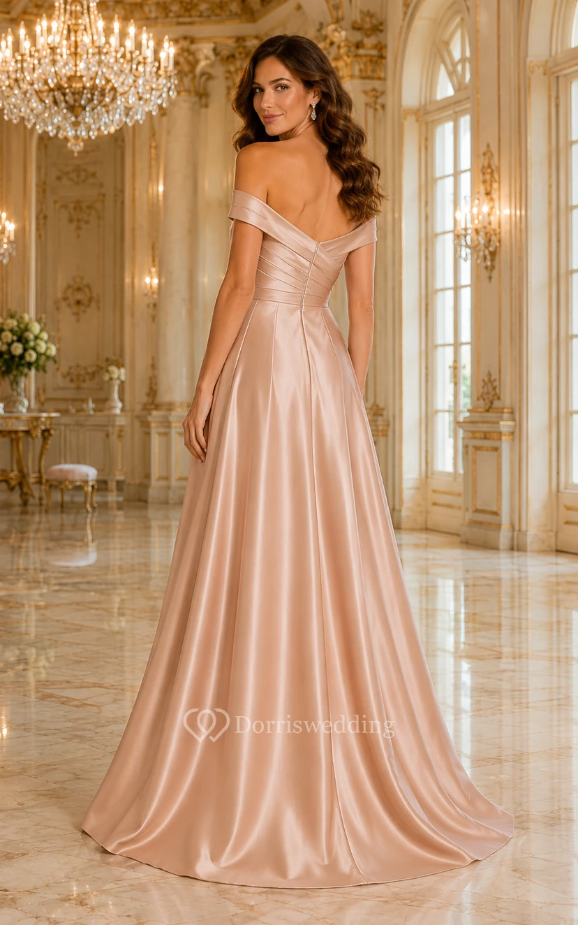 Robe de soirée rose poudré en satin, coupe trapèze, épaules dénudées et corsage plissé, idéale pour les demoiselles d'honneur. view 2