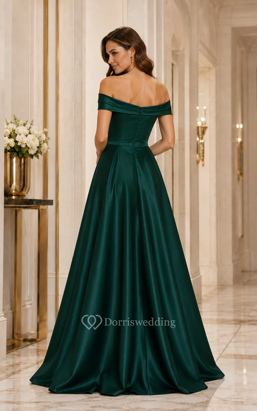 Dark Green Off-the-Shoulder Satin A-Line Prom Dress with Full Floor-Length Princess Skirt view 2
