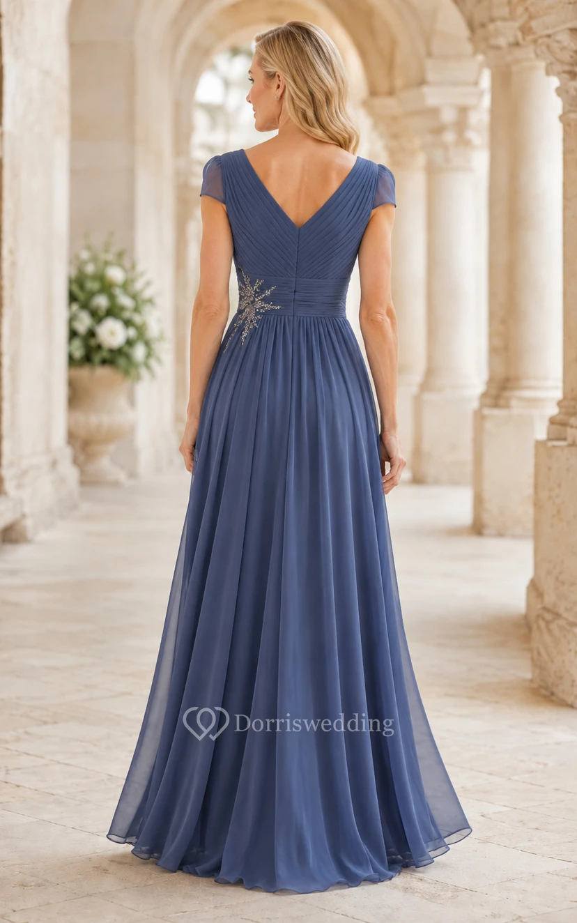 Slate Blue Cap Sleeve Chiffon A-Line Mother Dress Beaded Waist for Mother and Formal Events view 2