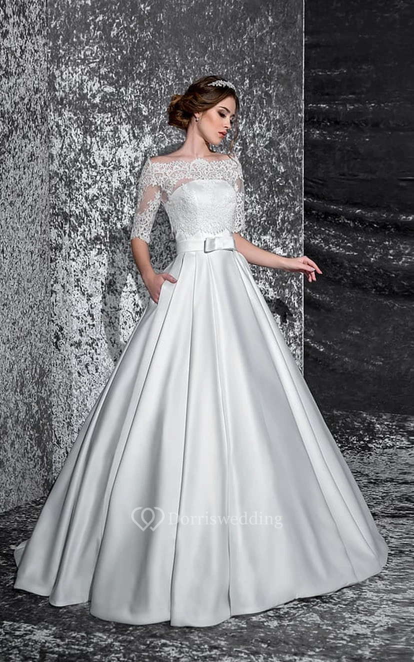 half lace half satin wedding dress Lace Top Half Sleeves Soft Simple Wedding Dresses