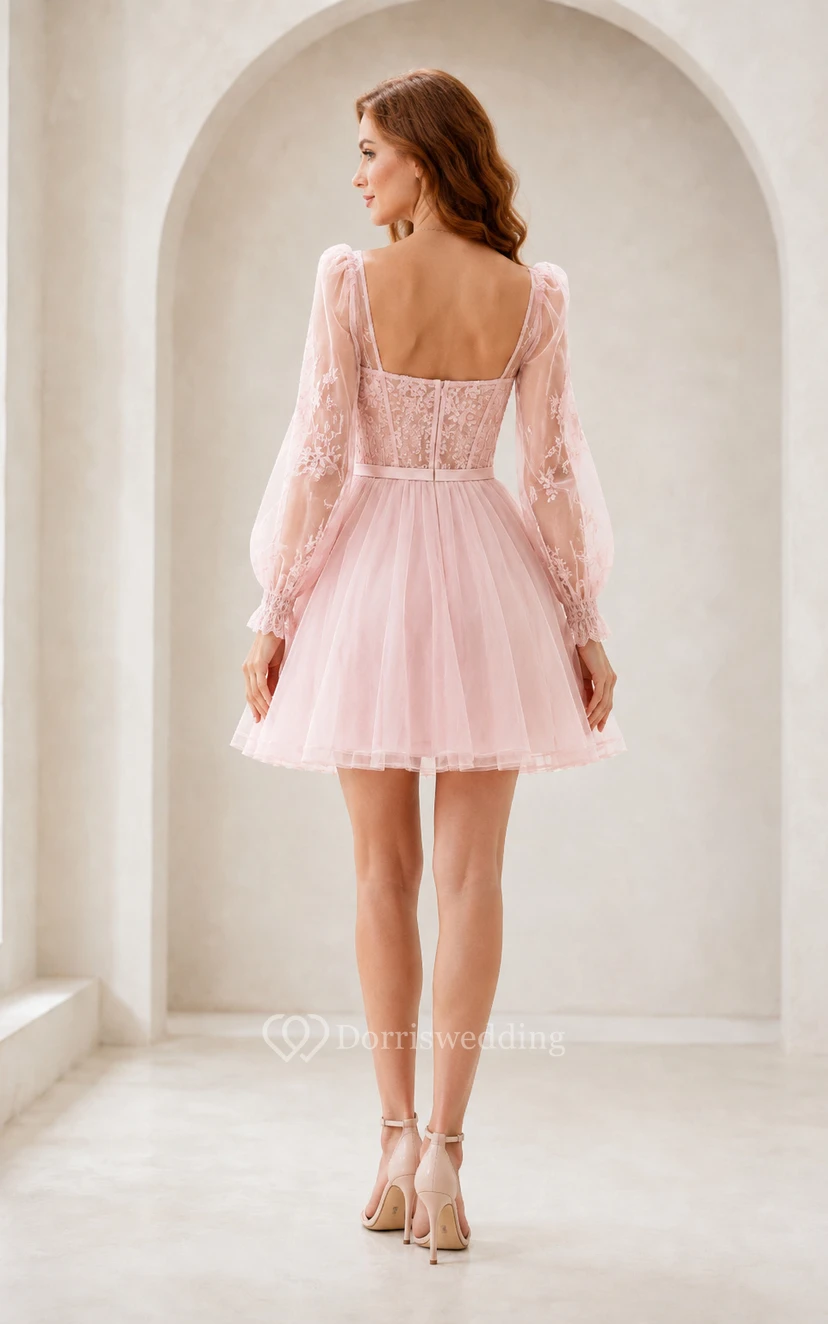 Zartrosa, langärmeliges A-Linien-Abendkleid aus Spitze, kurzem Tüll und Illusionsärmeln view 2