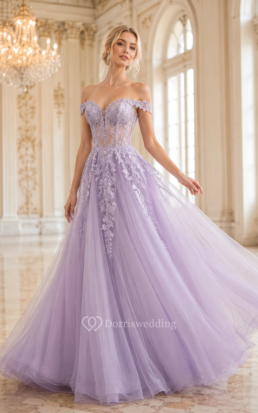 Lavender Off-the-Shoulder Tulle Ball Gown with Lace Applique for Quinceanera and Prom