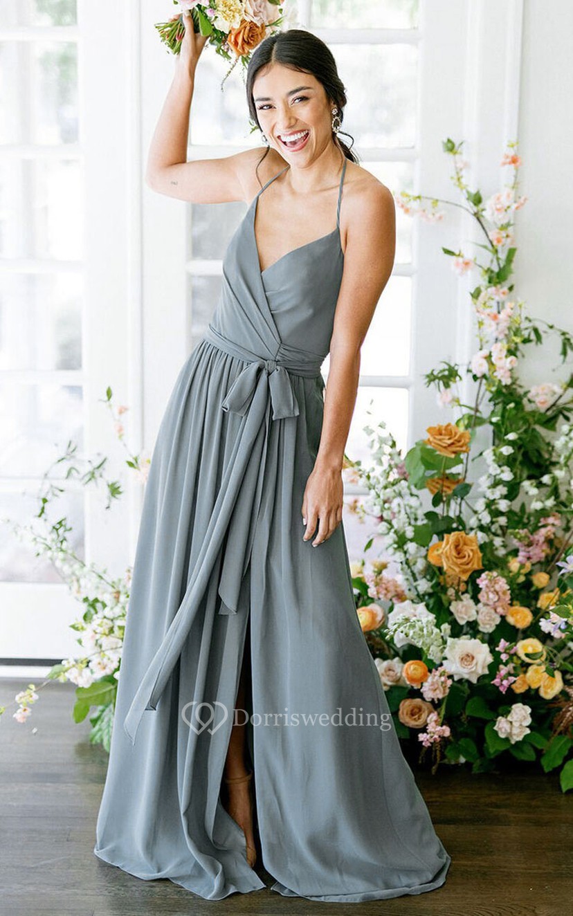 A-Line Halter Neckline Sleeveless Sweep Train Chiffon Satin Bridesmaid  Dress with Sash and Front Slit