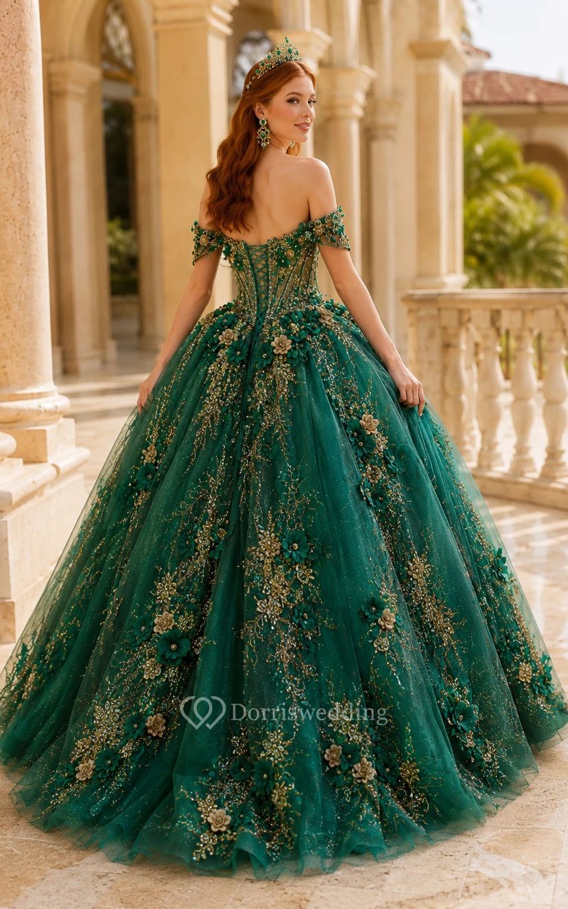 Robe de bal de quinceañera vert foncé à appliqués floraux dorés view 2