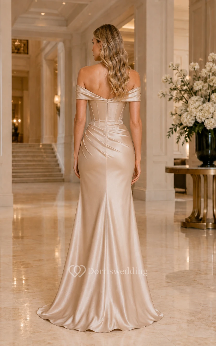 Champagne Off-the-Shoulder Satin Mermaid Formal Dress with Corset Bodice and Ruched Skirt view 2
