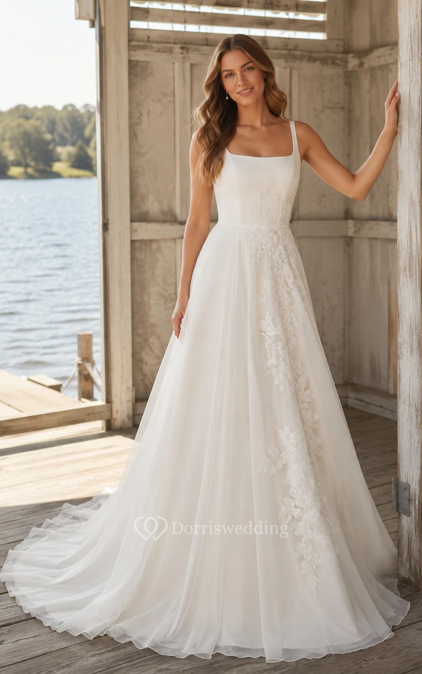 Wedding A-Line Tulle Dress with Square Neck Straps and Lace Skirt