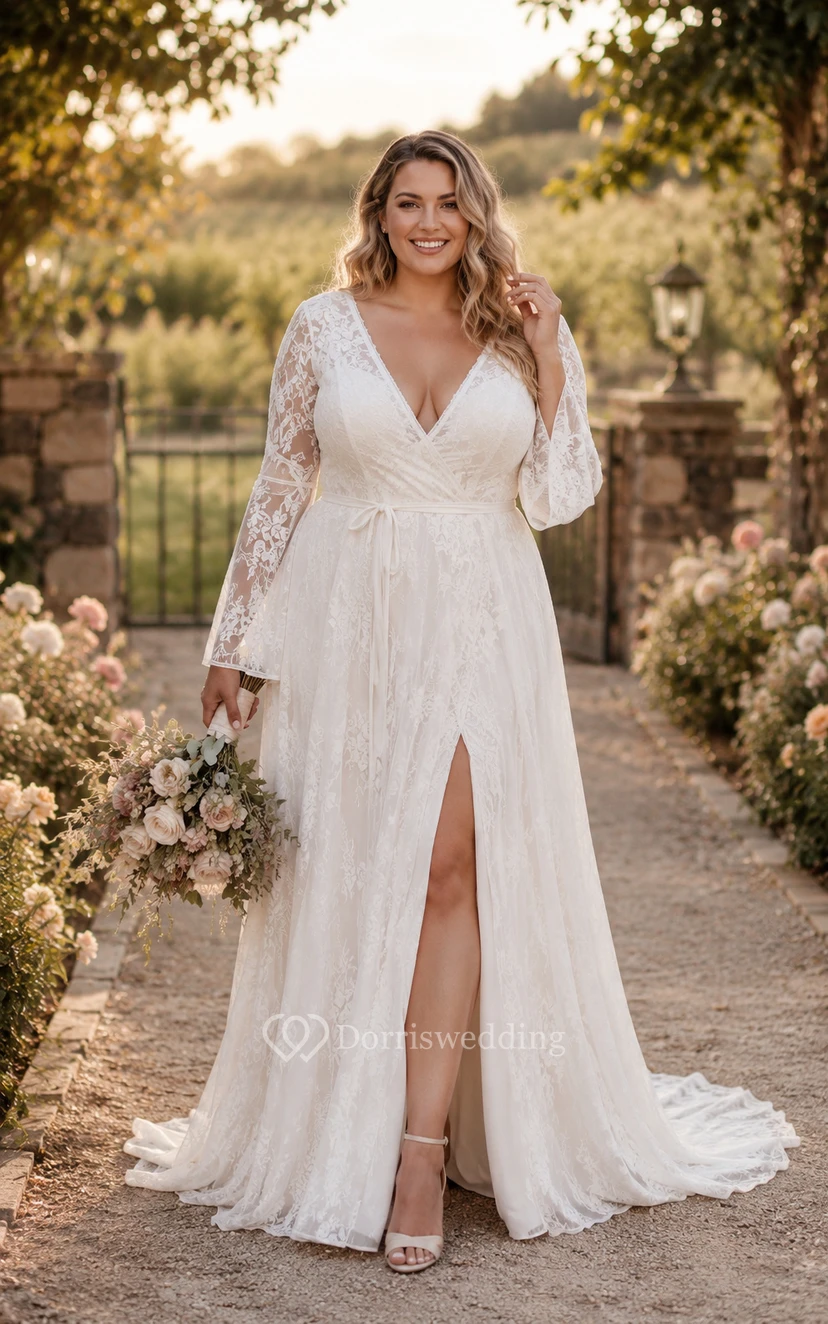 Boho Bell Loneg-sleeve Country Wedding Dress | Vintage Lace Hippie Bridal Gown with Sleeeves view 4