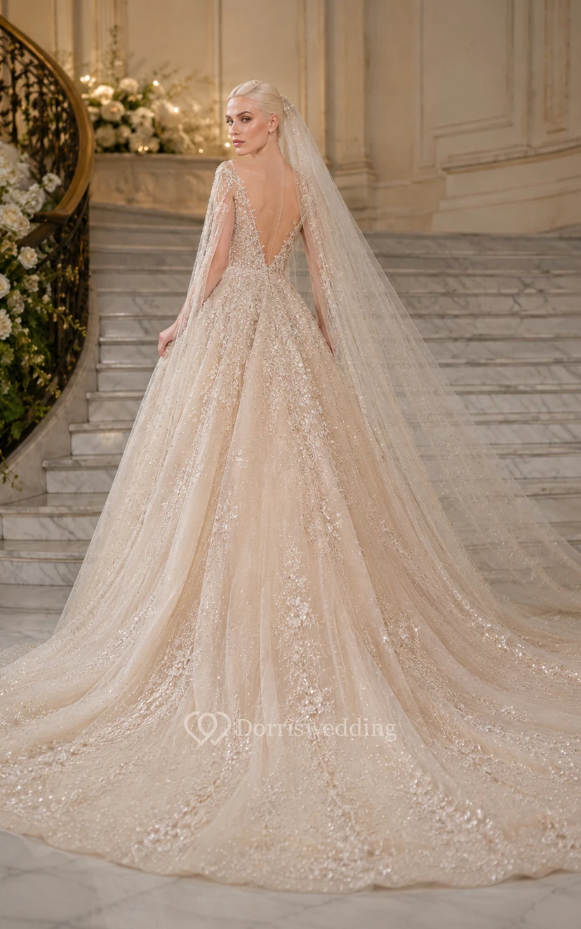 Robe de mariée champagne à manches longues et perles, avec longue traîne. view 2