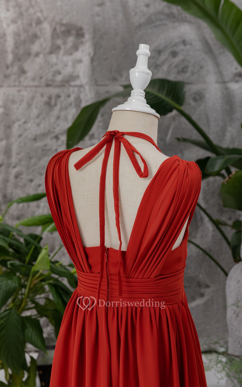 Red Halter Criss-cross Empire Chiffon Ruched Flowergirl Red Halter Criss-cross Empire Chiffon Ruched Flowergirl