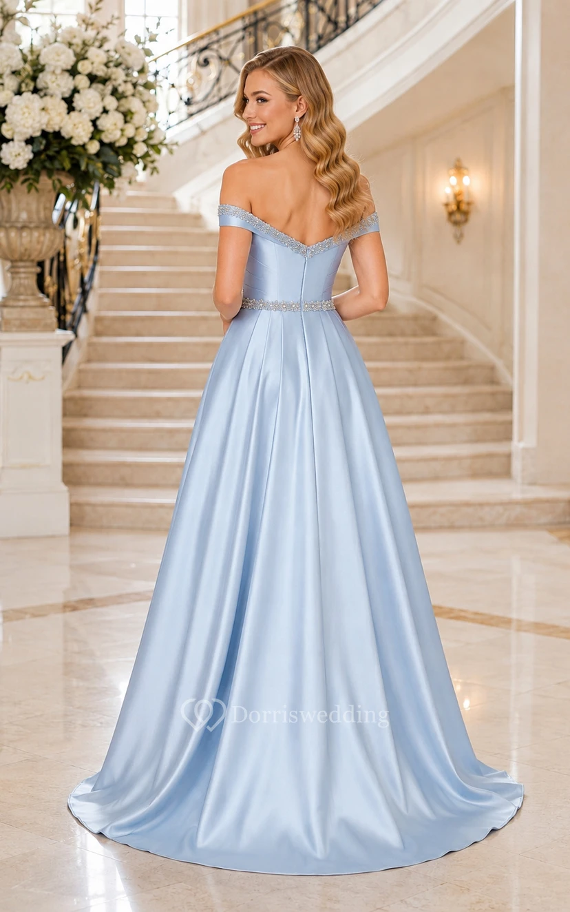 Himmelblaues schulterfreies Brautjungfernkleid aus Satin in A-Linie mit bodenlangem Rock view 2