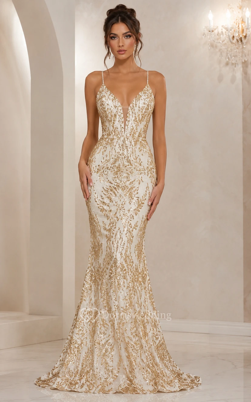 Ivory and Gold Sequin Prom Dress with Deep V Neckline Mermaid Gown