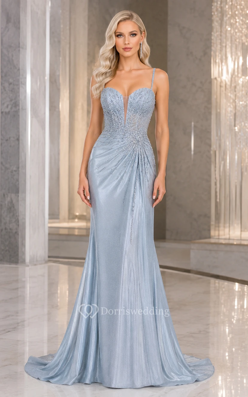 Sky Blue Spaghetti Strap Sheath Prom Dress Beaded Bodice for Prom and Formal Events