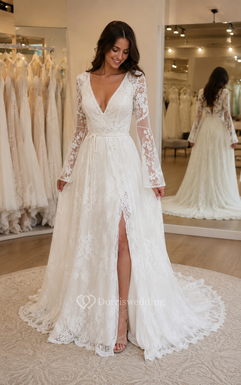 Boho Bell Loneg-sleeve Country Wedding Dress | Vintage Lace Hippie Bridal Gown with Sleeeves view 6