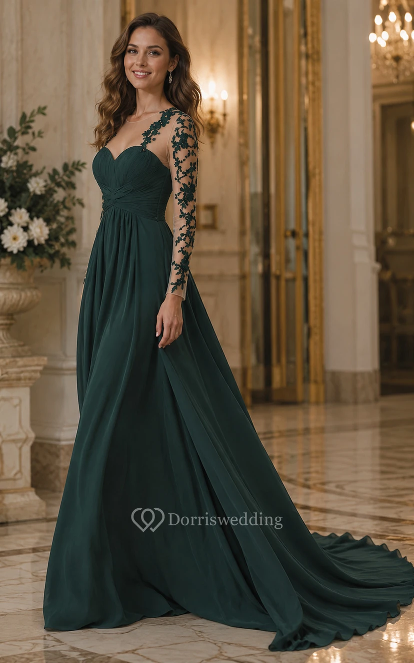 Dark Green Sweetheart Illusion Long Sleeve Chiffon Prom Dress view 3