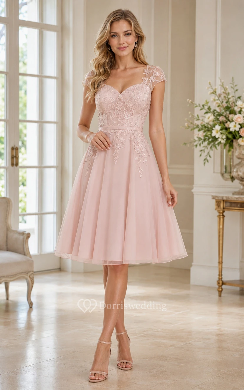 Robe de cocktail trapèze en tulle rose poudré, longueur genou, avec manches illusion en dentelle