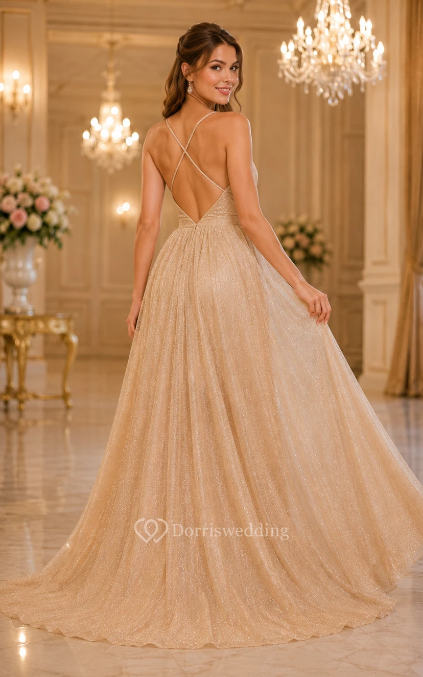 Robe de bal grande taille en tulle champagne pailleté, coupe trapèze, col en V et dos croisé view 2