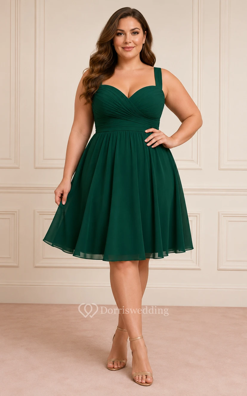 Dark Green Plus Size Chiffon Knee-Length A-Line Cocktail Dress with Straps and Sweetheart Neck