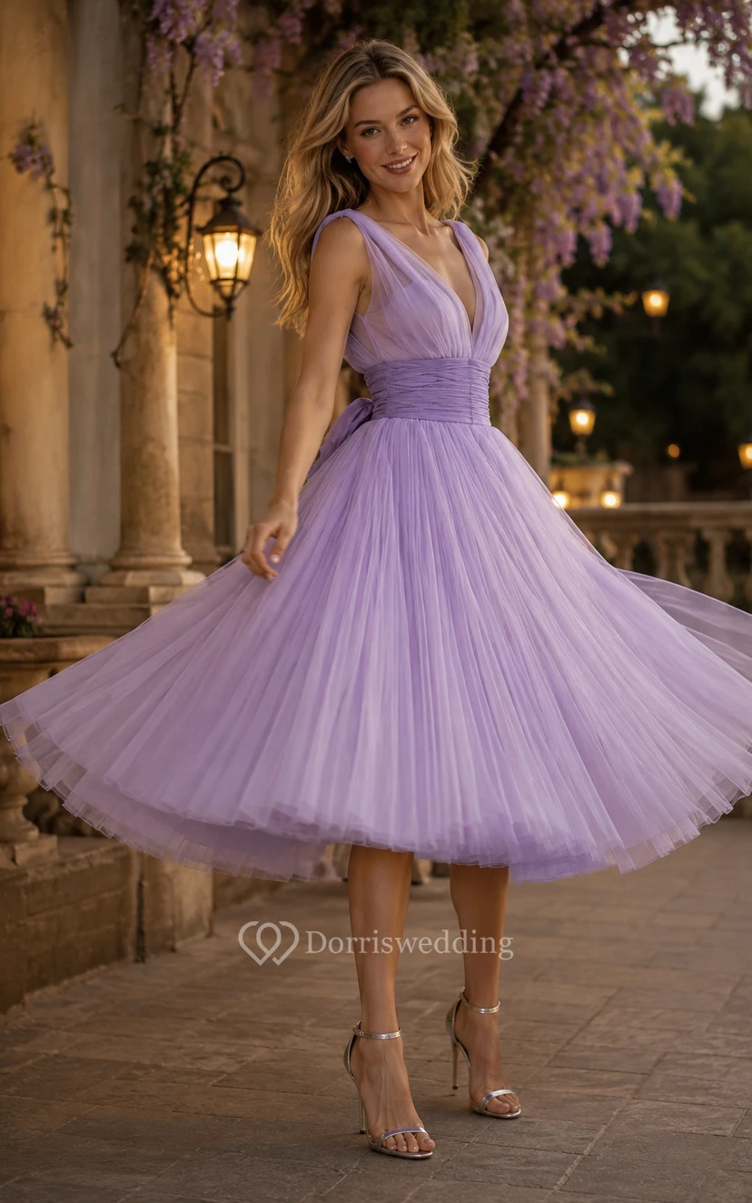 Ärmelloses Empire-Chiffonkleid mit V-Ausschnitt, geraffter Taille und Falten view 3