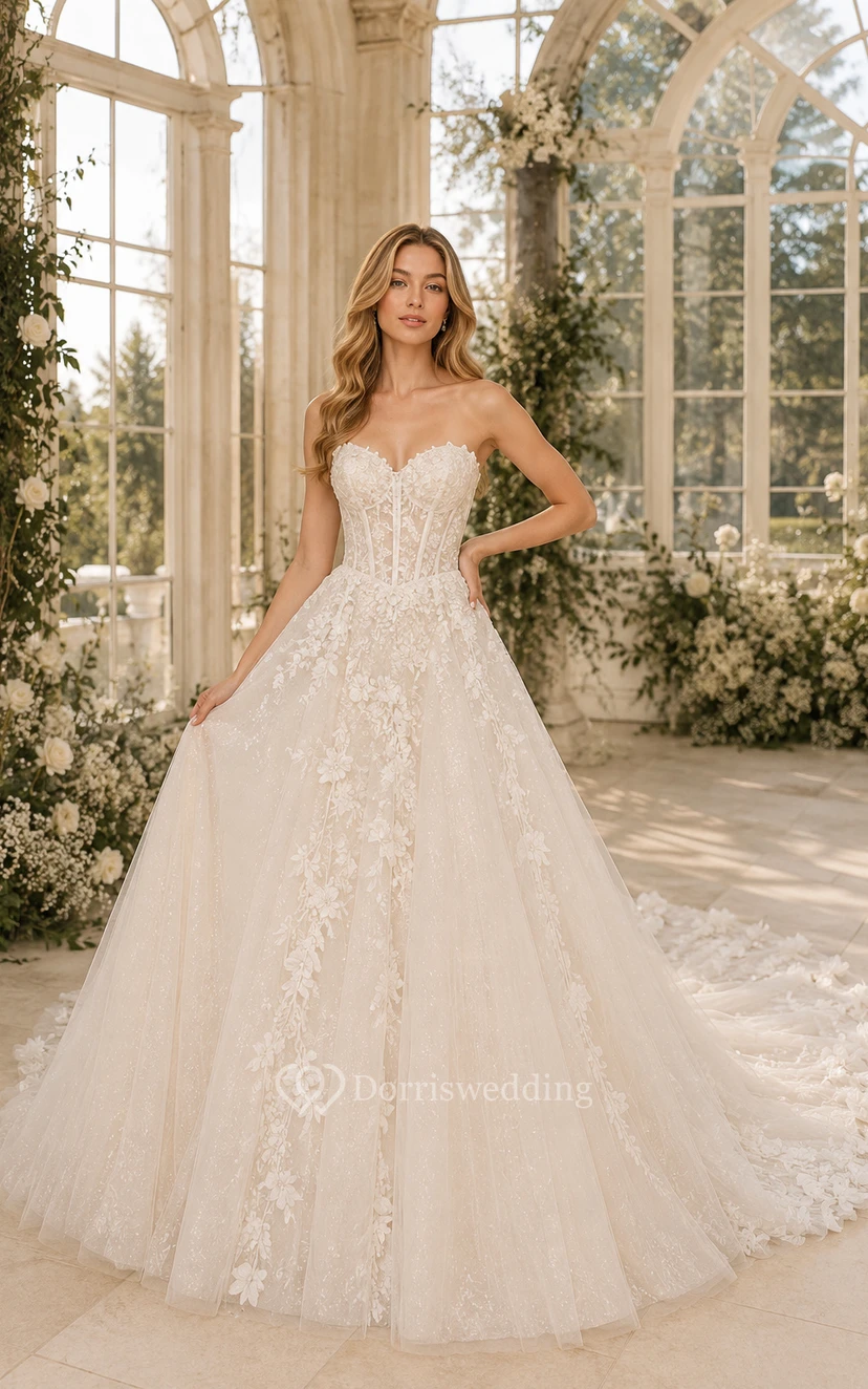 Robe de bal de mariée en dentelle avec bustier et longue traîne