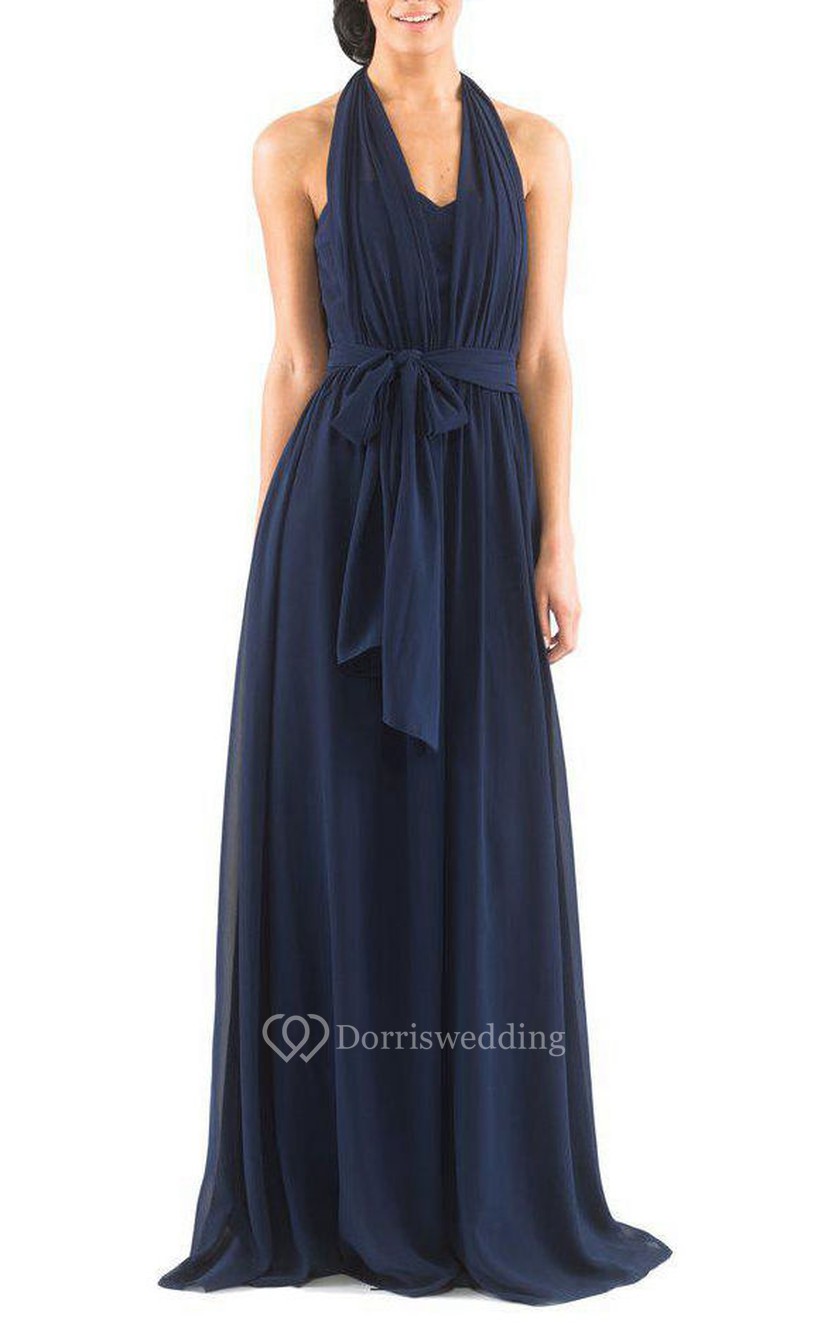Halter Chiffon Long Bridesmaid Dress with Sash - Dorris Wedding