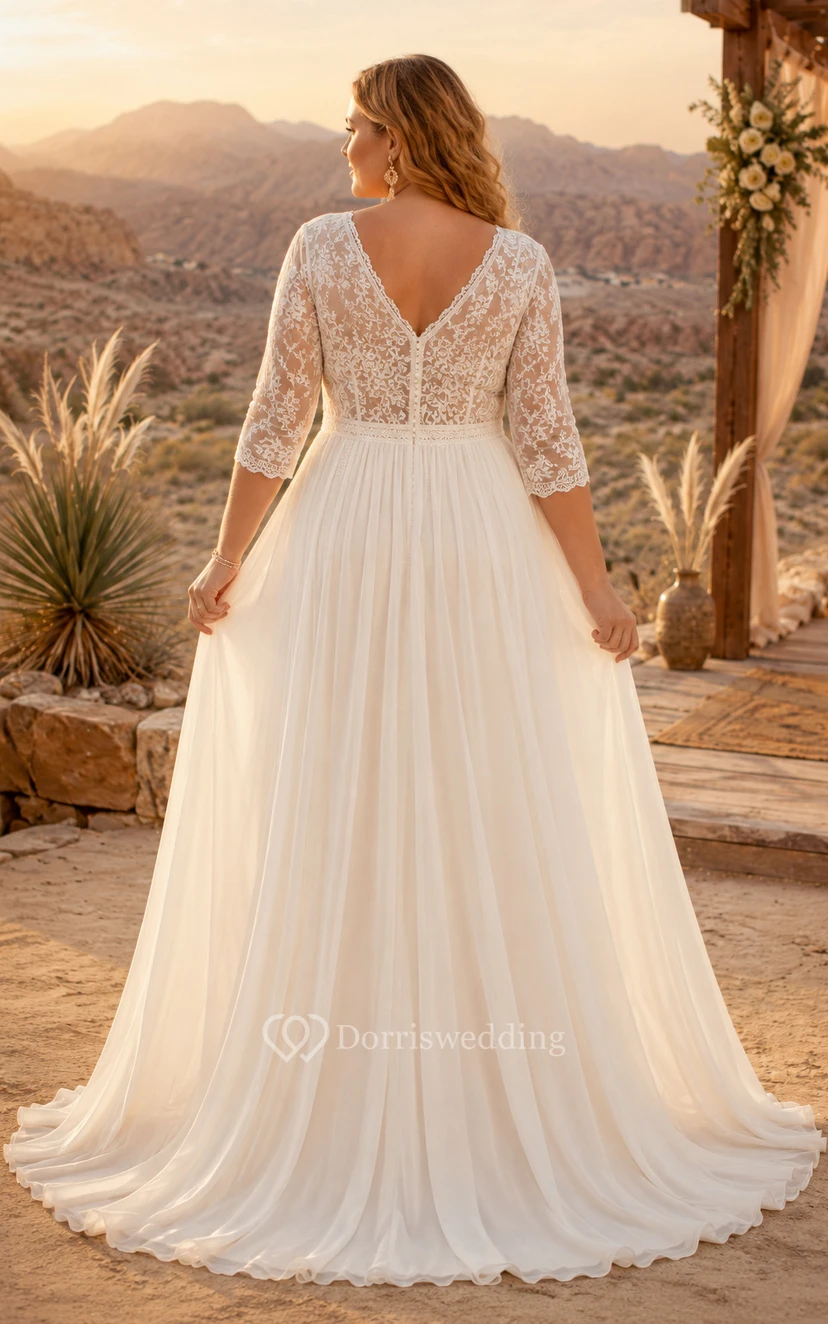 Robe de mariée grande taille à manches longues, col en V, coupe trapèze en dentelle et jupe en tulle view 2