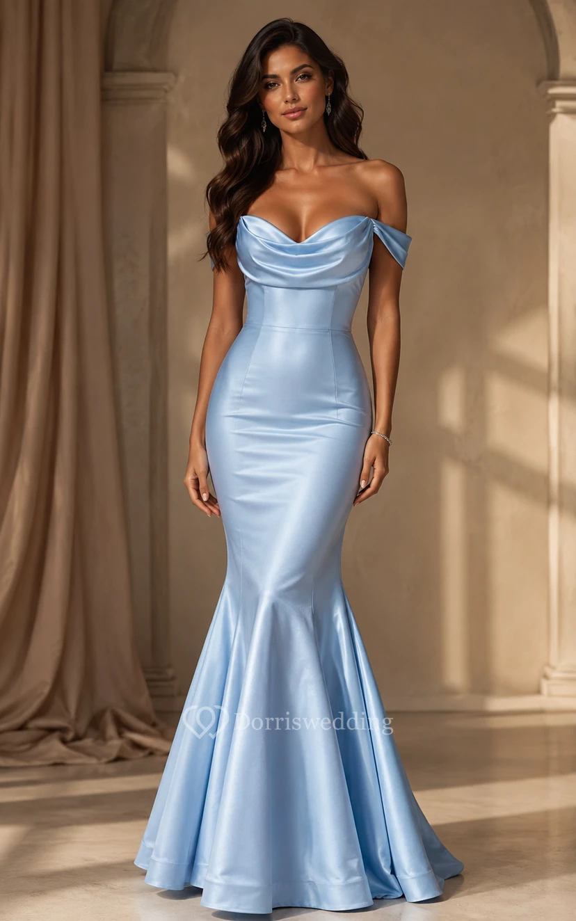 Powder Blue Satin Prom Dress with Cowl Neckline Off Shoulder Mermaid Gown