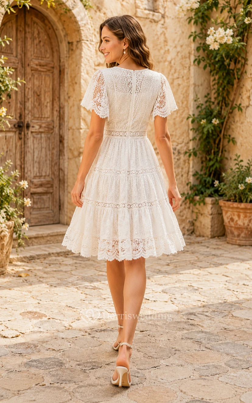 Kurzärmeliges, teelanges Brautkleid aus Spitze mit V-Ausschnitt und Faltenrock view 2