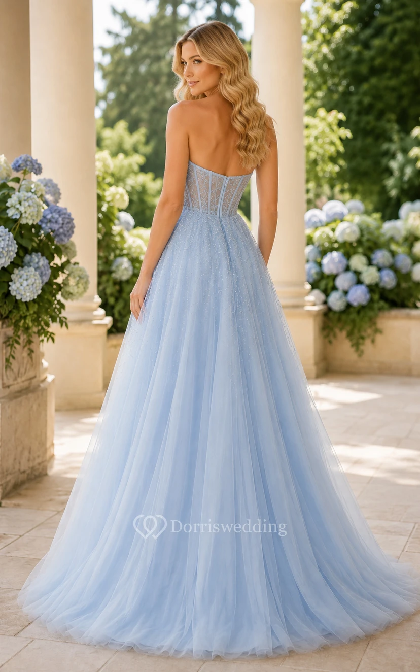 Sky Blue Strapless Tulle Ball Gown Prom Dress with Corset Bodice view 2