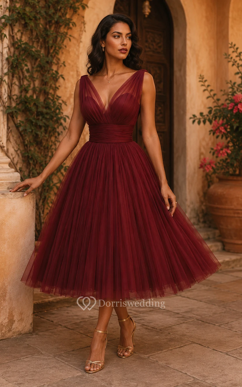 Ärmelloses Empire-Chiffonkleid mit V-Ausschnitt, geraffter Taille und Falten view 7