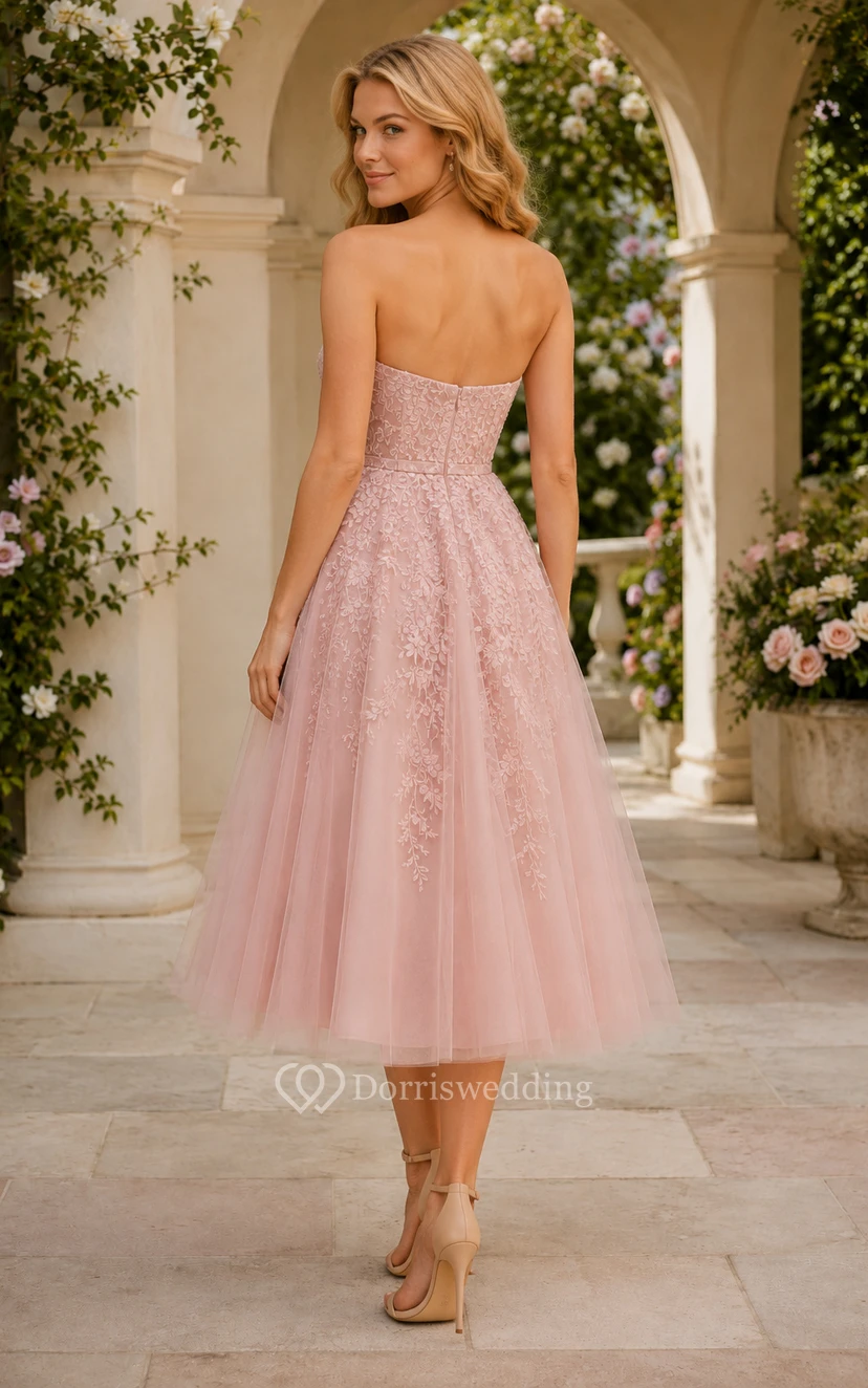 Blushing Pink Tea-Length Tulle Dress with Strapless Bodice and Lace Applique view 2