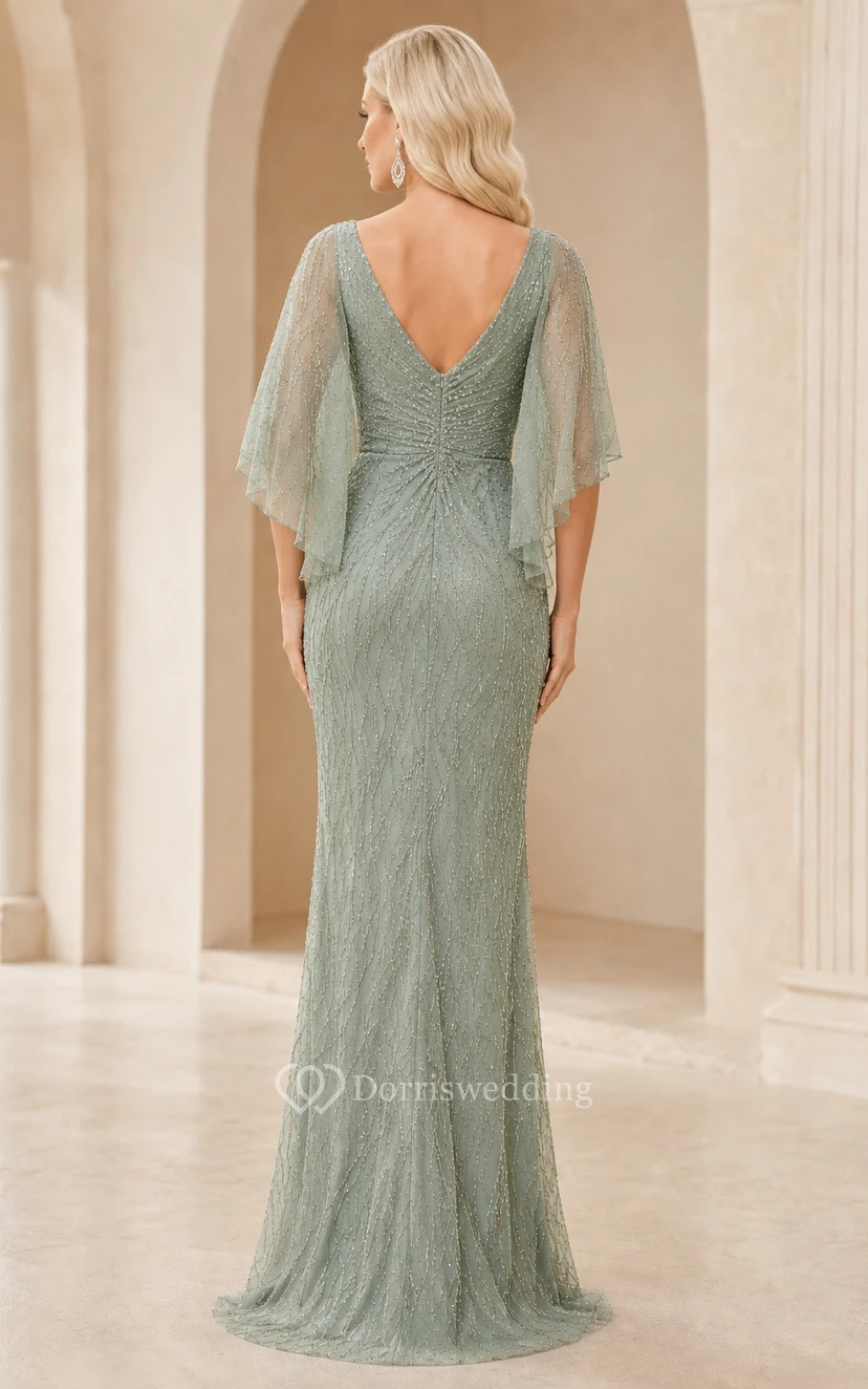 Salbeigrünes, perlenbesetztes Mutterkleid mit V-Ausschnitt und transparenten, flatternden Ärmeln für Mutter und festliche Anlässe view 2