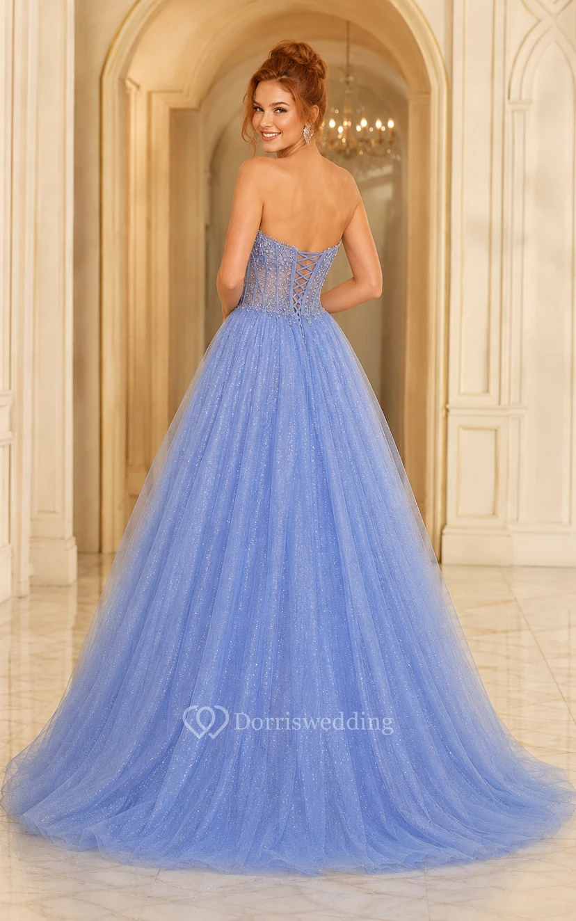 Himmelblaues, trägerloses Tüll-Ballkleid mit perlenbesetztem Spitzenoberteil view 2