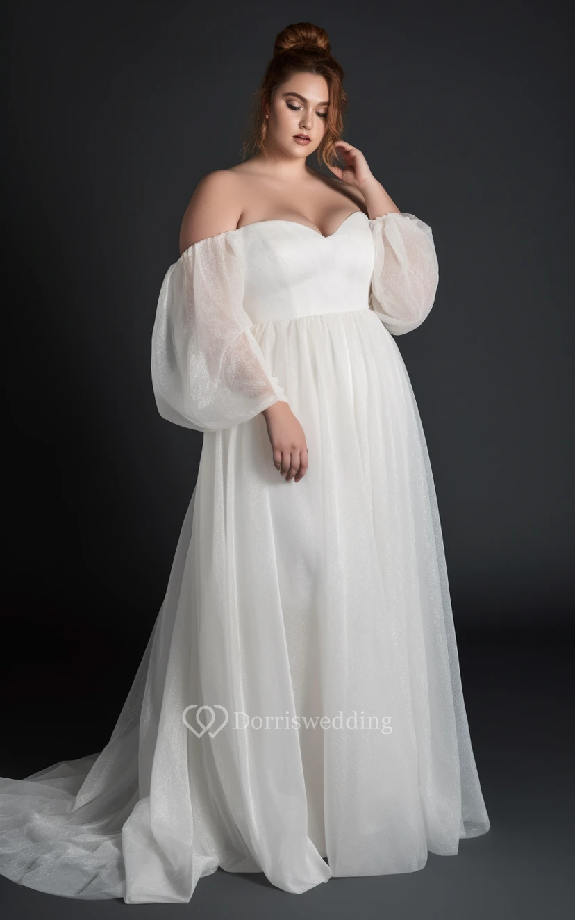 Plus Size Off-the-shoulder Puff Empire A-line Wedding Dress | Dorris Wedding