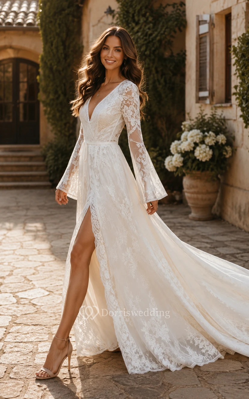 Boho Bell Loneg-sleeve Country Wedding Dress | Vintage Lace Hippie Bridal Gown with Sleeeves view 5