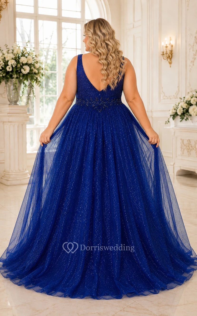 Königsblaues, glitzerndes Tüll-Ballkleid in Übergröße mit V-Ausschnitt für Abschlussball, Quinceañera und festliche Anlässe view 2