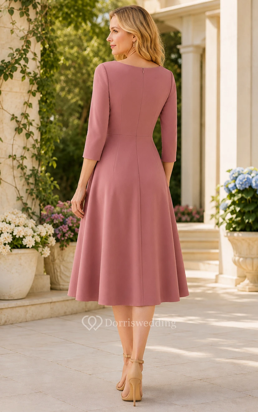 Robe d'invitée vert foncé, col bateau, manches 3/4, coupe trapèze, longueur genou, idéale pour la mère de la mariée, les invitées à un mariage et les événements formels. view 2