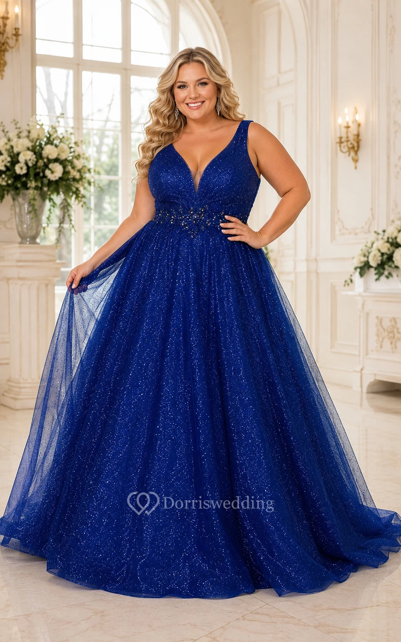 Königsblaues, glitzerndes Tüll-Ballkleid in Übergröße mit V-Ausschnitt für Abschlussball, Quinceañera und festliche Anlässe