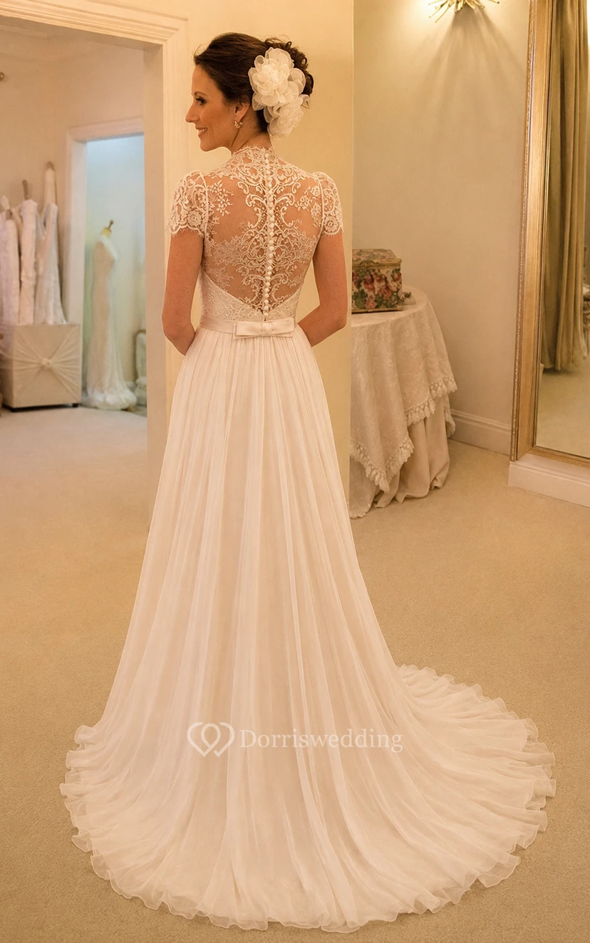Elegante vestido de novia de gasa con escote redondo y mangas cortas, con encaje. view 2