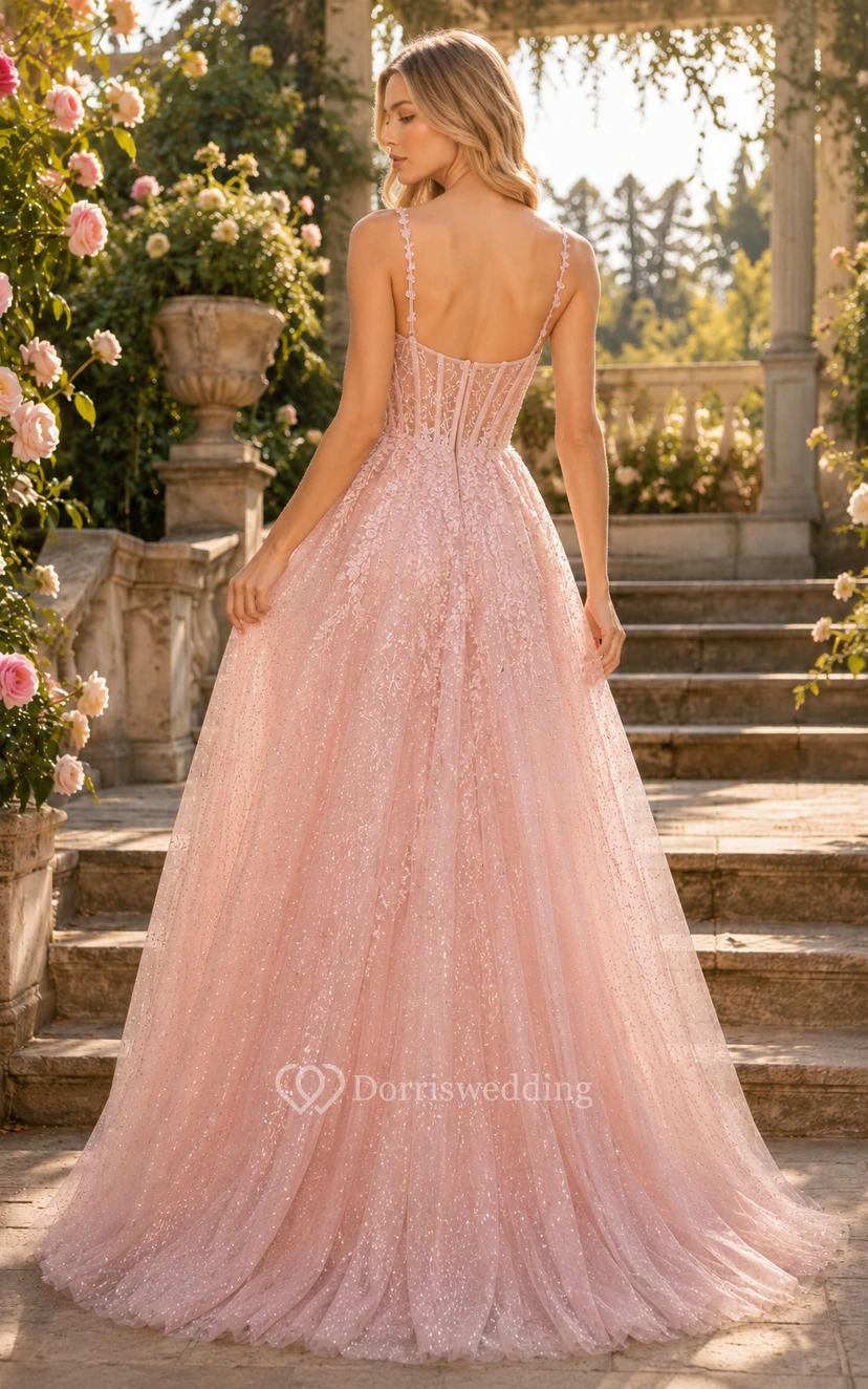 Zartrosa Glitzer-Tüll-Abendkleid in A-Linie mit herzförmigem Oberteil und Schlitz vorne. view 2